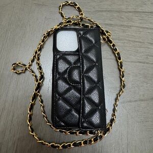 Black Quilted iPhone 15 pro max Case with Gold Chain